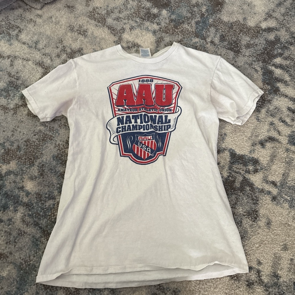 Delta White Tee with Red and Blue Graphic